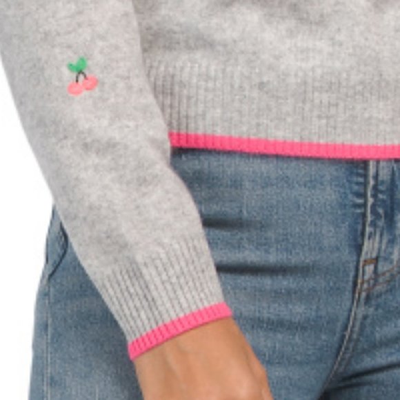 New BRODIE CASHMERE 100% Cashmere Embroidered Cherry Sweater in Pink 1095T0 - Picture 6 of 7